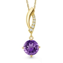 Gem Stone King 14K Yellow Gold Purple Amethyst and Lab Grown Diamond Pendant Necklace for Women | 1.73 Cttw | Gemstone February Birthstone | Round 8MM | With 18 inch Chain