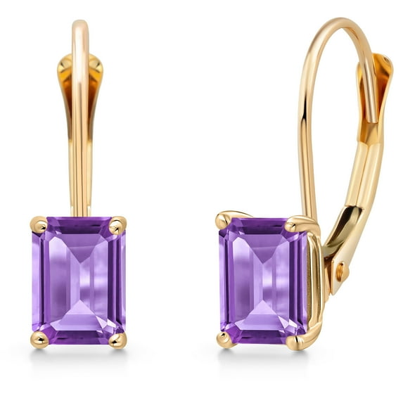 Gem Stone King 14K Yellow Gold Purple Amethyst Leverback Earrings for Women | 1.04 Cttw | Gemstone February Birthstone | Emerald Cut 6X4MM