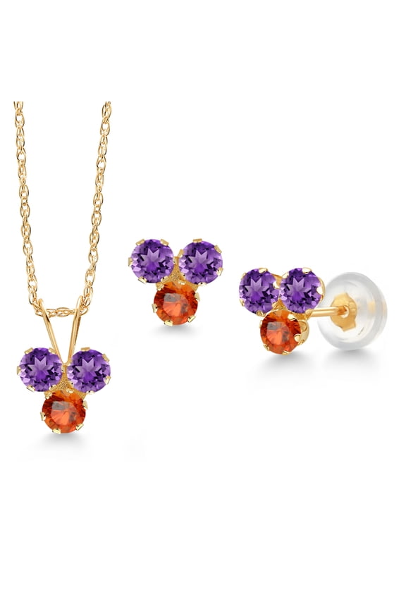 14K Yellow Gold Purple Amethyst and Orange Sapphire 3 Stone Pendant and Earrings Jewelry Set for Women (1.08 Cttw, Round 3MM, with 18 inch Chain)