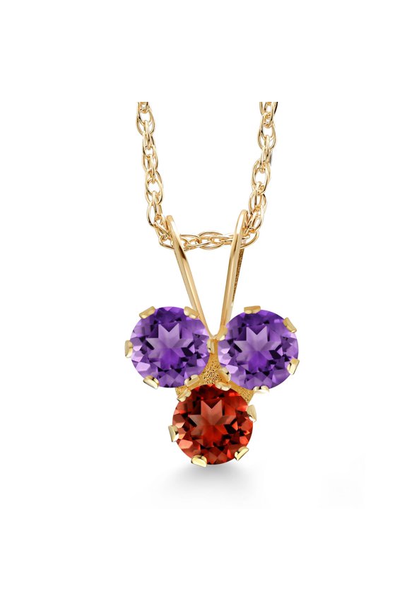 14K Yellow Gold Purple Amethyst and Red Garnet 3-Stone Pendant Necklace for Women (0.35 Cttw, Gemstone February Birthstone, Round 3MM, 18 inch Chain)