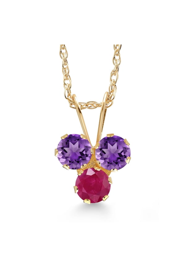 14K Yellow Gold Purple Amethyst and Red Ruby 3-Stone Pendant Necklace for Women (0.36 Cttw, Gemstone February Birthstone, Round 3MM, 18 inch Chain)