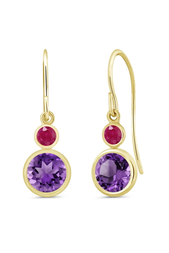 14K Yellow Gold Purple Amethyst and Red Ruby Drop Dangle Earrings for Women (1.78 Cttw, Gemstone February Birthstone, Round 6MM and 3MM)