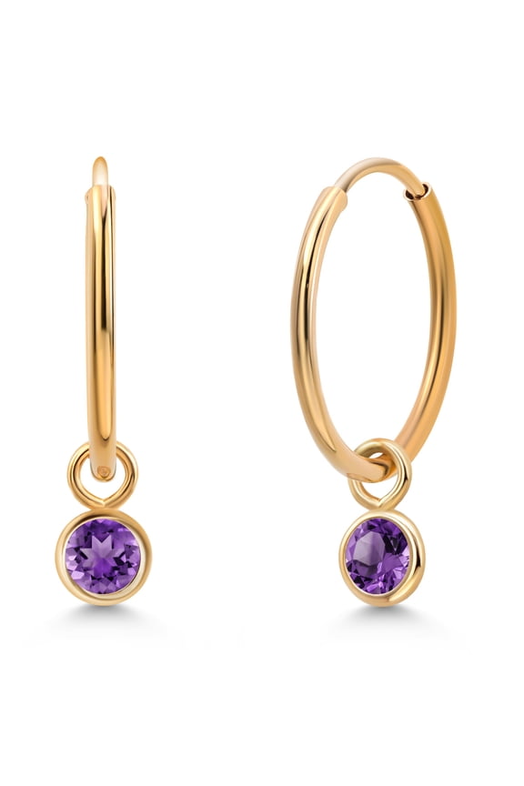 14K Yellow Gold Purple Amethyst Snap Closure Continuous Endless Drop Dangle Hoop Earrings for Women (0.20 Cttw, Round 3MM)