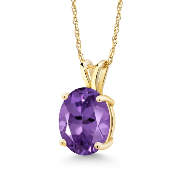 Gem Stone King 14K Yellow Gold Purple Amethyst Solitaire Pendant Necklace for Women | 2.30 Cttw | Gemstone February Birthstone | Oval 10X8MM | with 18 inch Silver Chain