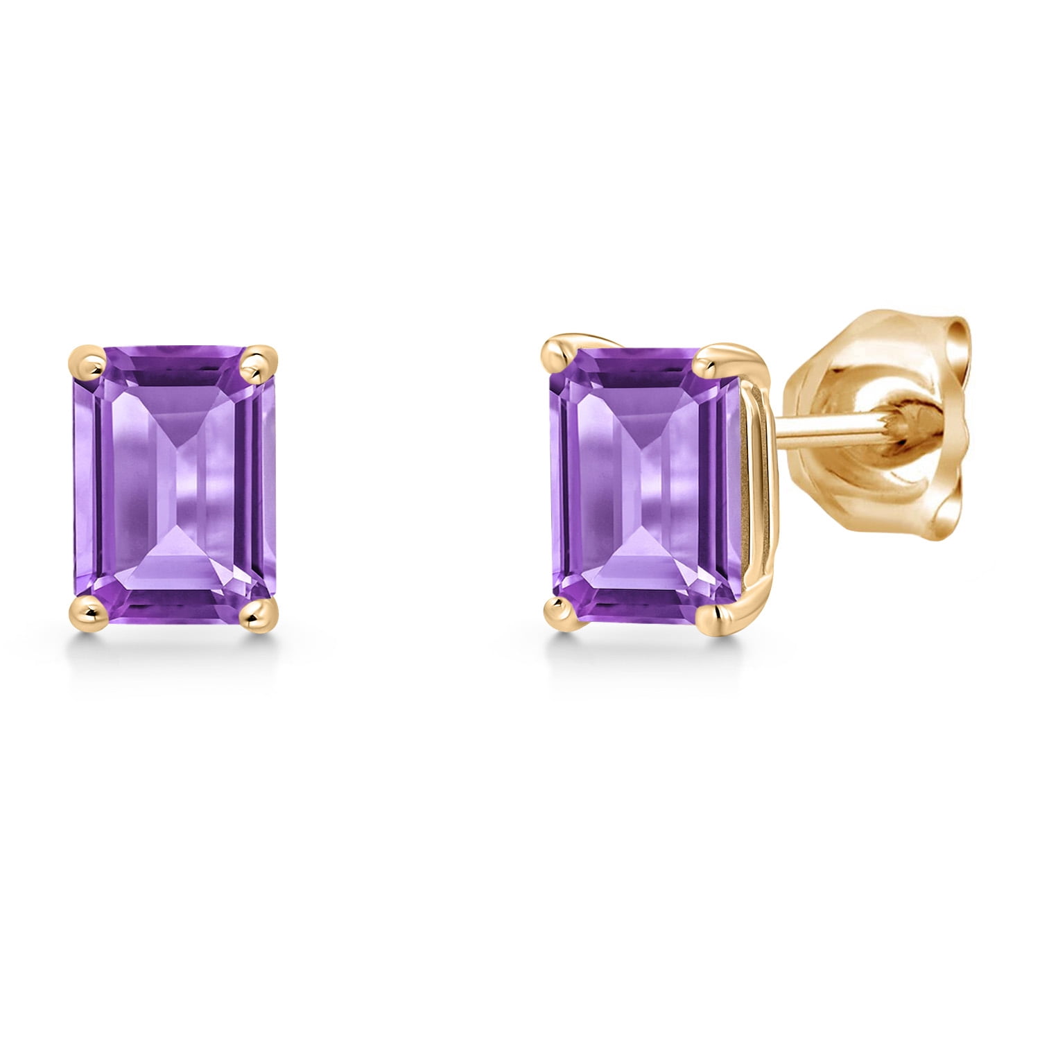 Gem Stone King 14K Yellow Gold Purple Amethyst Stud Basket Setting Earrings for Women Men | 1.04 Cttw | Gemstone February Birthstone | Emerald Cut 6X4MM | Double Notch | Gold Earrings for Women Men