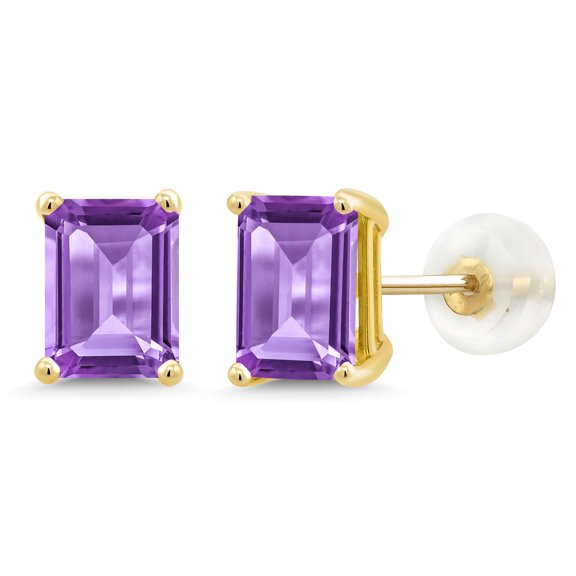 Gem Stone King 14K Yellow Gold Purple Amethyst Stud Earrings for Women Men (1.90 Cttw, Gemstone February Birthstone, Emerald Cut 7X5MM)