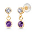 thumbnail image 1 of Gem Stone King 14K Yellow Gold Purple Amethyst and White Created Sapphire Drop Dangle Earrings for Women (0.76 Cttw, Gemstone Birthstone, Round 4MM and 3MM), 1 of 4