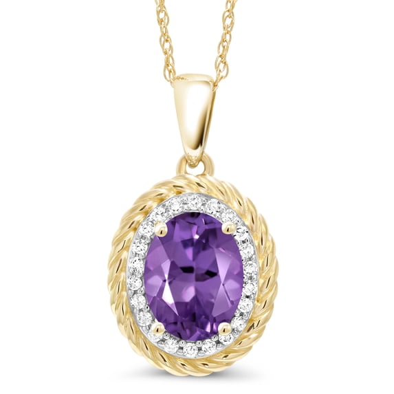 Gem Stone King 14K Yellow Gold Purple Amethyst and White Diamond Pendant Necklace for Women (1.15 Cttw, Gemstone Birthstone, Oval 8X6MM, With 18 inch Chain)