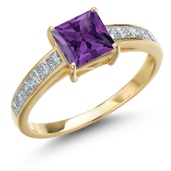 Gem Stone King 14K Yellow Gold Purple Amethyst and White Lab Grown Diamond Engagement Ring for Women | 1.68 Cttw | Princess 6MM | Gemstone February Birthstone | Size 7