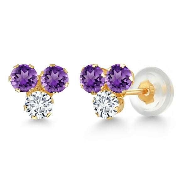 Gem Stone King 14K Yellow Gold Purple Amethyst and White Lab Grown Diamond Three Stone Stud Earrings for Women (0.60 Cttw, Gemstone February Birthstone, Round 3MM)