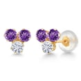 thumbnail image 1 of Gem Stone King 14K Yellow Gold Purple Amethyst and White Moissanite Three Stone Stud Earrings for Women (0.60 Cttw, Gemstone February Birthstone, Round 3MM), 1 of 4