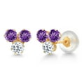 thumbnail image 1 of Gem Stone King 14K Yellow Gold Purple Amethyst and White Topaz Three Stone Stud Earrings for Women (0.68 Cttw, Gemstone February Birthstone, Round 3MM), 1 of 4