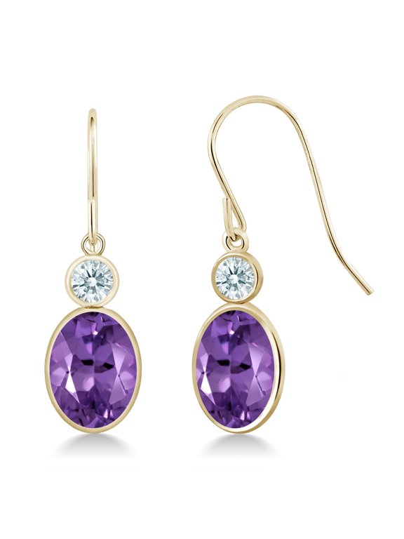 14K Yellow Gold Purple Amethyst and White Zirconia Hook French Fish Ear Wire Dangle Earrings for Women (2.22 Cttw, Gemstone February Birthstone, Oval 8X6MM, Round 3MM)