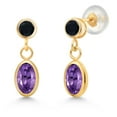 thumbnail image 1 of Gem Stone King 14K Yellow Gold Purple Amethyst and Black Onyx Drop Dangle Earrings for Women (1.10 Cttw, Gemstone Birthstone, Oval 6X4MM, Round 3MM), 1 of 4