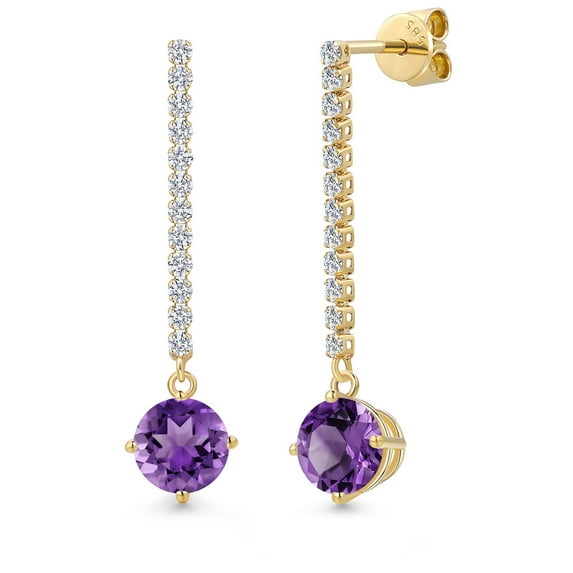 Gem Stone King 14K Yellow Gold Purple Amethyst and Lab Grown Diamond Dangle Earrings for Women | 2.76 Cttw | Gemstone February Birthstone | Round 7MM