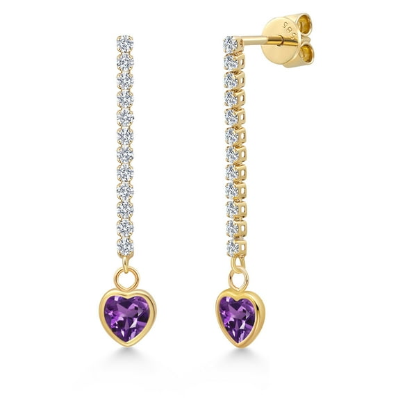 Gem Stone King 14K Yellow Gold Purple Amethyst and Lab Grown Diamond Earrings for Women | 1.20 Cttw | Gemstone February Birthstone | Heart Shape 5MM