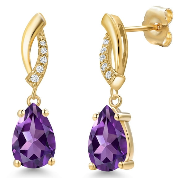 Gem Stone King 14K Yellow Gold Purple Amethyst and Lab Grown Diamond Earrings for Women | 2.23 Cttw | Gemstone February Birthstone | Pear Shape 9X6MM