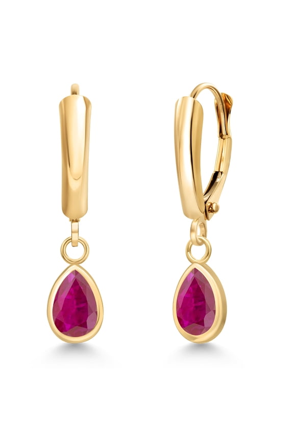 14K Yellow Gold Red African Ruby Dangle Earrings for Women | 1.27 Cttw | Gemstone July Birthstone | Pear Shape 7X5MM