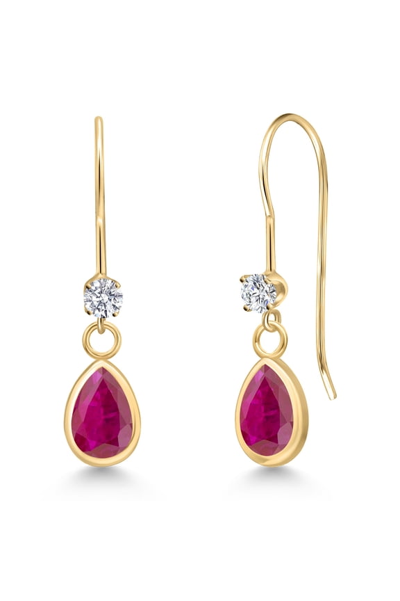 14K Yellow Gold Red African Ruby and Lab Grown Diamond Dangle Earrings for Women | 1.40 Cttw | Gemstone July Birthstone | Pear Shape 7X5MM