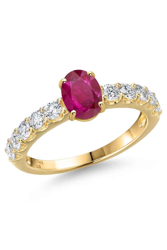 14K Yellow Gold Red African Ruby and Lab Grown Diamond Engagement Ring for Women | 1.52 Cttw | Oval 7X5MM | Gemstone July Birthstone | Size 7