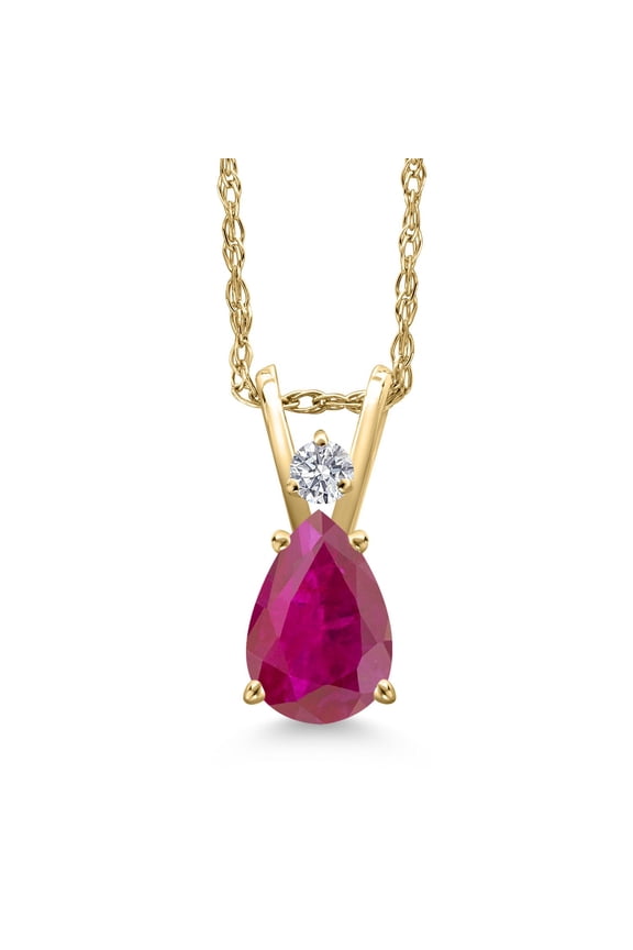 14K Yellow Gold Red African Ruby and Lab Grown Diamond Pendant Necklace for Women | 0.66 Cttw | Gemstone July Birthstone | Pear Shape 7X5MM | With 18 inch Chain