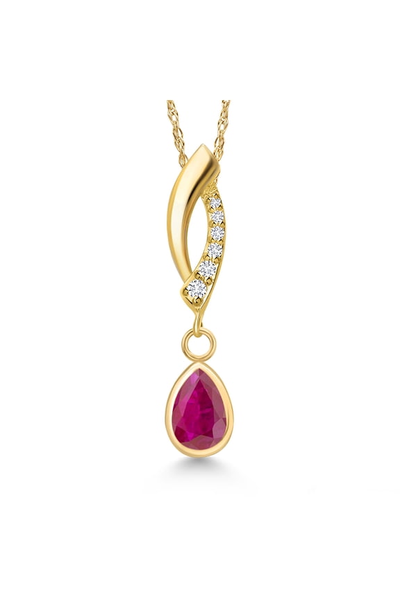14K Yellow Gold Red African Ruby and Lab Grown Diamond Pendant Necklace for Women | 0.67 Cttw | Gemstone July Birthstone | Pear Shape 7X5MM | With 18 inch Chain