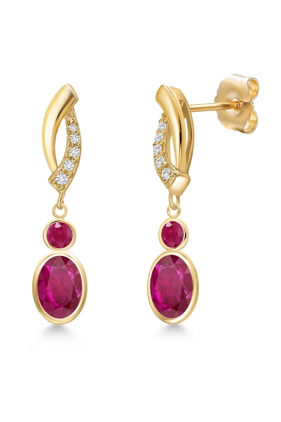 14K Yellow Gold Red African Ruby and Red Ruby and Lab Grown Diamond Dangle Earrings for Women | 2.15 Cttw | Gemstone July Birthstone | Oval 7X5MM