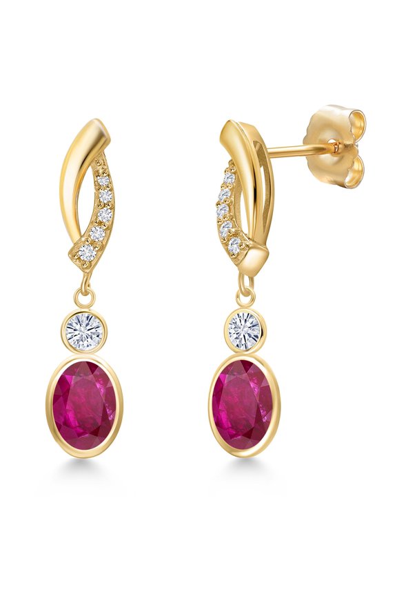 14K Yellow Gold Red African Ruby and White Moissanite and Lab Grown Diamond Dangle Earrings for Women | 2.04 Cttw | Gemstone July Birthstone | Oval 7X5MM