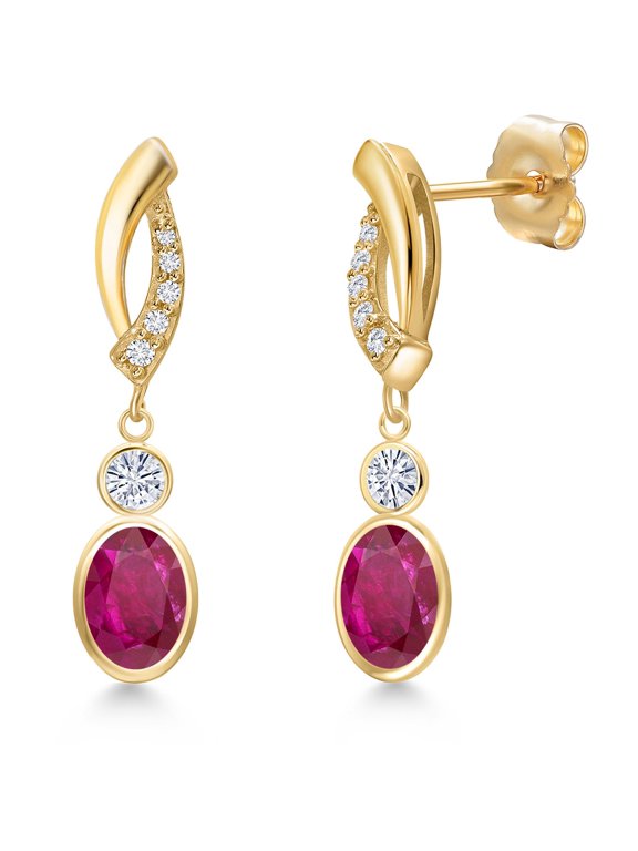 14K Yellow Gold Red African Ruby and White Moissanite and Lab Grown Diamond Dangle Earrings for Women | 2.04 Cttw | Gemstone July Birthstone | Oval 7X5MM