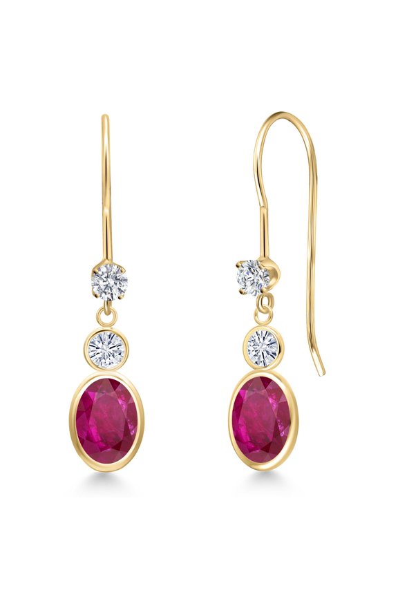 14K Yellow Gold Red African Ruby and White Moissanite and Lab Grown Diamond Dangle Earrings for Women | 2.08 Cttw | Gemstone July Birthstone | Oval 7X5MM