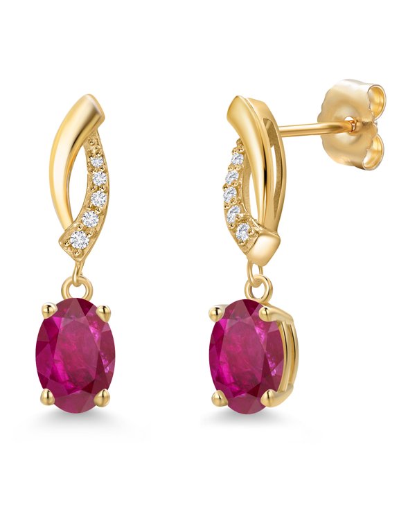 14K Yellow Gold Red African Ruby and Lab Grown Diamond Dangle Earrings for Women | 1.79 Cttw | Gemstone July Birthstone | Oval 7X5MM