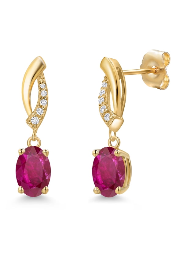 14K Yellow Gold Red African Ruby and Lab Grown Diamond Dangle Earrings for Women | 1.79 Cttw | Gemstone July Birthstone | Oval 7X5MM