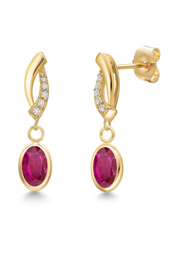 14K Yellow Gold Red African Ruby and Lab Grown Diamond Dangle Earrings for Women | 1.79 Cttw | Gemstone July Birthstone | Oval 7X5MM