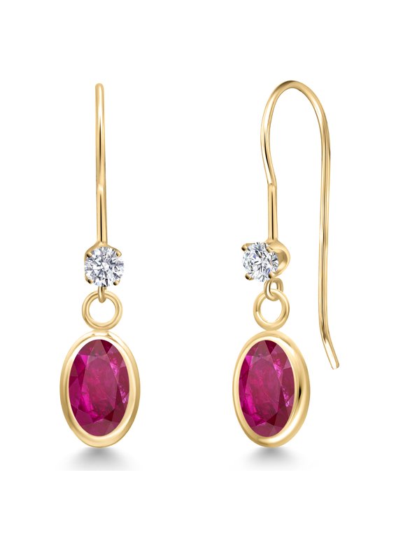 14K Yellow Gold Red African Ruby and Lab Grown Diamond Dangle Earrings for Women | 1.87 Cttw | Gemstone July Birthstone | Oval 7X5MM