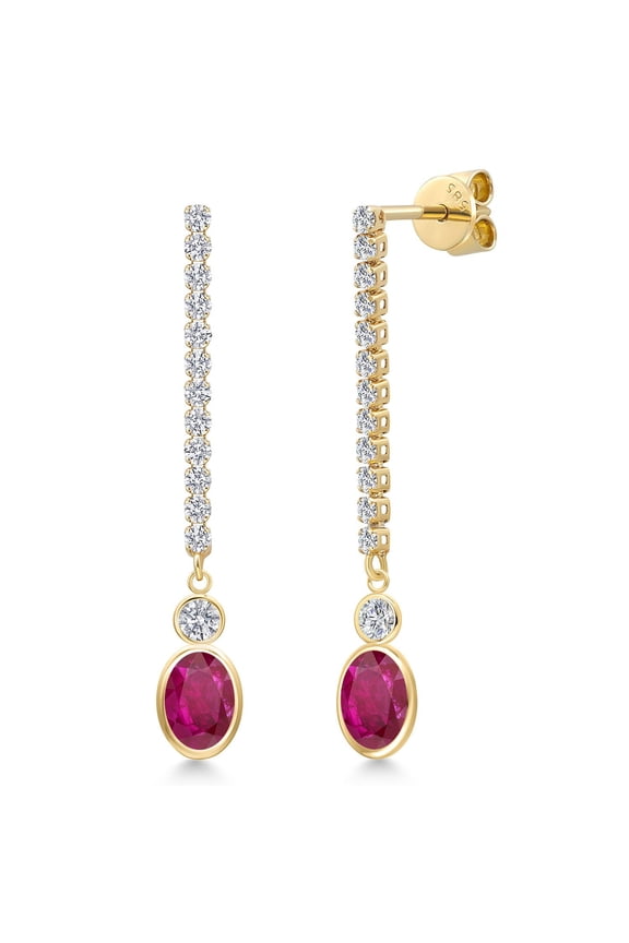 14K Yellow Gold Red African Ruby and Lab Grown Diamond Dangle Earrings for Women | 2.44 Cttw | Gemstone July Birthstone | Oval 7X5MM