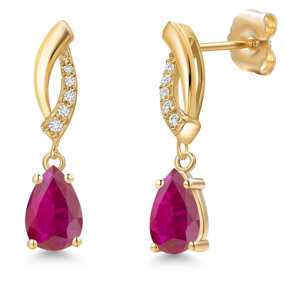 Gem Stone King 14K Yellow Gold Red African Ruby and Lab Grown Diamond Earrings for Women | 1.32 Cttw | Gemstone July Birthstone | Pear Shape 7X5MM