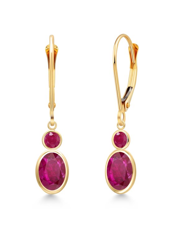 14K Yellow Gold Red African Ruby and Red Ruby Dangle Earrings for Women | 2.05 Cttw | Gemstone July Birthstone | Oval 7X5MM