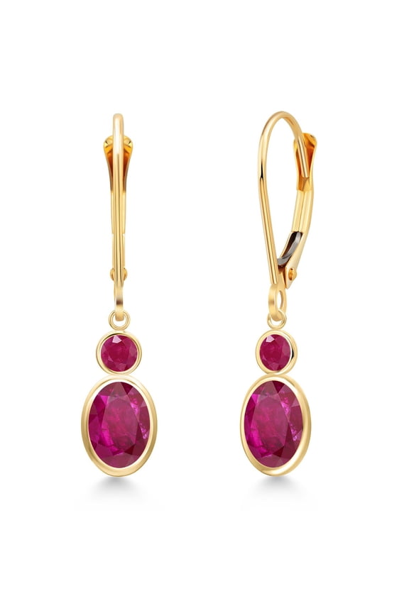 14K Yellow Gold Red African Ruby and Red Ruby Dangle Earrings for Women | 2.05 Cttw | Gemstone July Birthstone | Oval 7X5MM