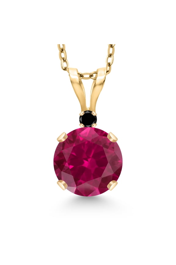 14K Yellow Gold Red Created Ruby and Black Diamond Pendant Necklace for Women | 1.02 Cttw | Gemstone July Birthstone | Round 6MM | With 18 inch Silver Chain