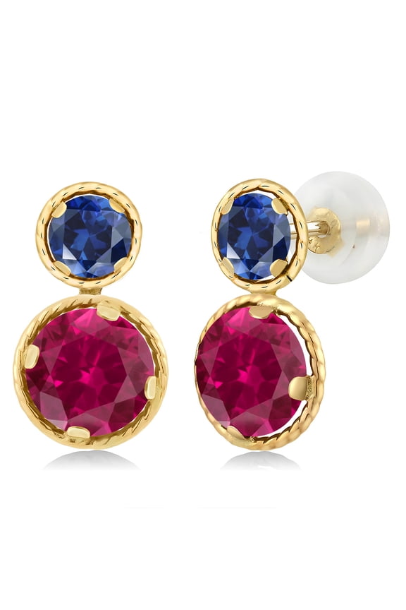 14K Yellow Gold Red Created Ruby and Blue Created Sapphire Earrings for Women (2.50 Cttw, Gemstone July Birthstone, Round Cut 6MM and 4MM)