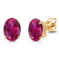thumbnail image 1 of Gem Stone King 14K Yellow Gold Red Created Ruby Double Notch Stud Earrings | 2.70 Cttw | Gemstone July Birthstone | Oval 8X6MM | Gold Earrings for Women Men, 1 of 6