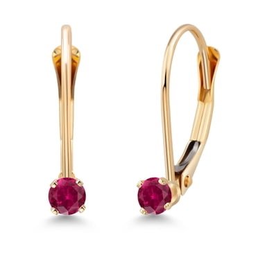 Gem Stone King 14K Yellow Gold Red Created Ruby Drop Dangle Earring for Women with Leverback (0.12 Cttw, Gemstone Birthstone, Round 2.5MM)