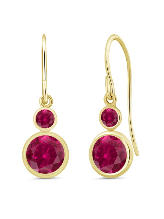14K Yellow Gold Red Created Ruby Drop Dangle Earrings for Women (2.28 Cttw, Gemstone July Birthstone, Round 6MM and 3MM)