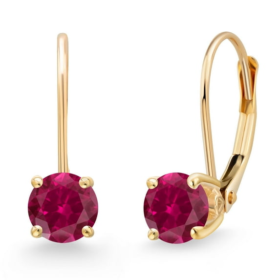 Gem Stone King 14K Yellow Gold Red Created Ruby Earrings for Women | 1.20 Cttw | Gemstone July Birthstone | Round 5MM