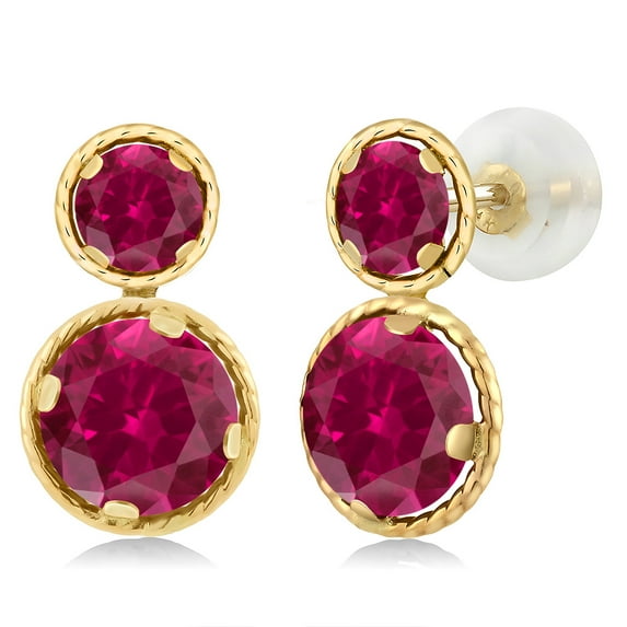 Gem Stone King 14K Yellow Gold Red Created Ruby Earrings for Women (2.50 Cttw, Gemstone July Birthstone, Round Cut 6MM and 4MM)