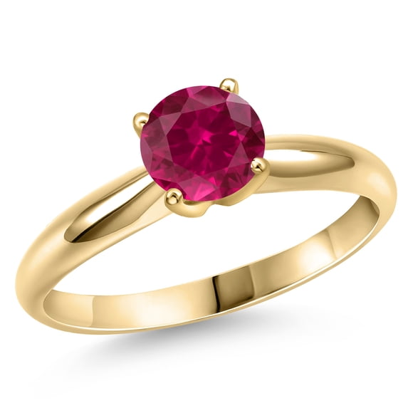 Gem Stone King 14K Yellow Gold Red Created Ruby Engagement Ring for Women | 1.55 Cttw | Round 7MM | Gemstone July Birthstone | Size 6