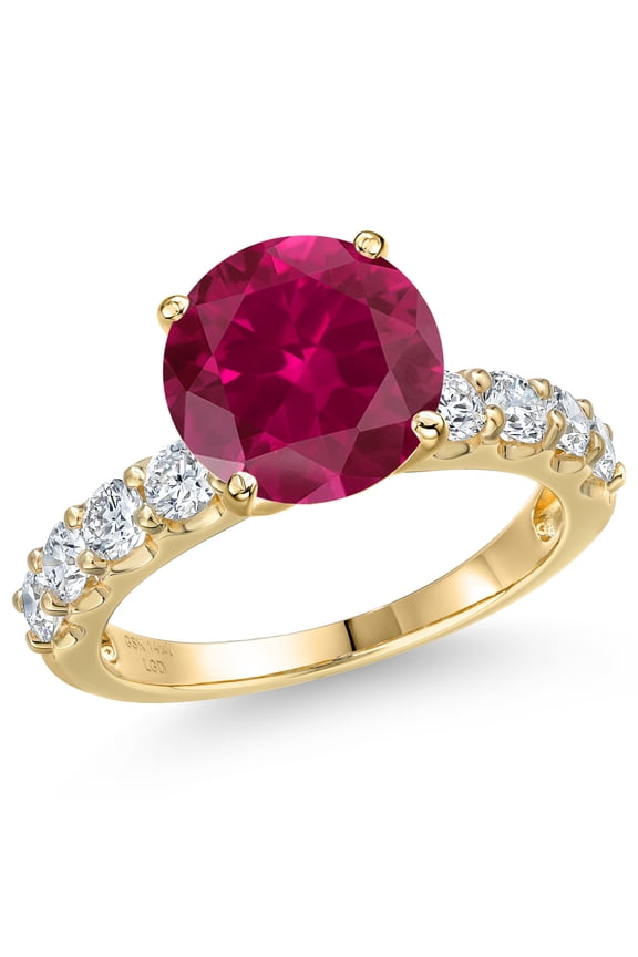 14K Yellow Gold Red Created Ruby and Lab Grown Diamond Engagement Ring for Women | 4.88 Cttw | Round 10MM | Gemstone July Birthstone | Size 8