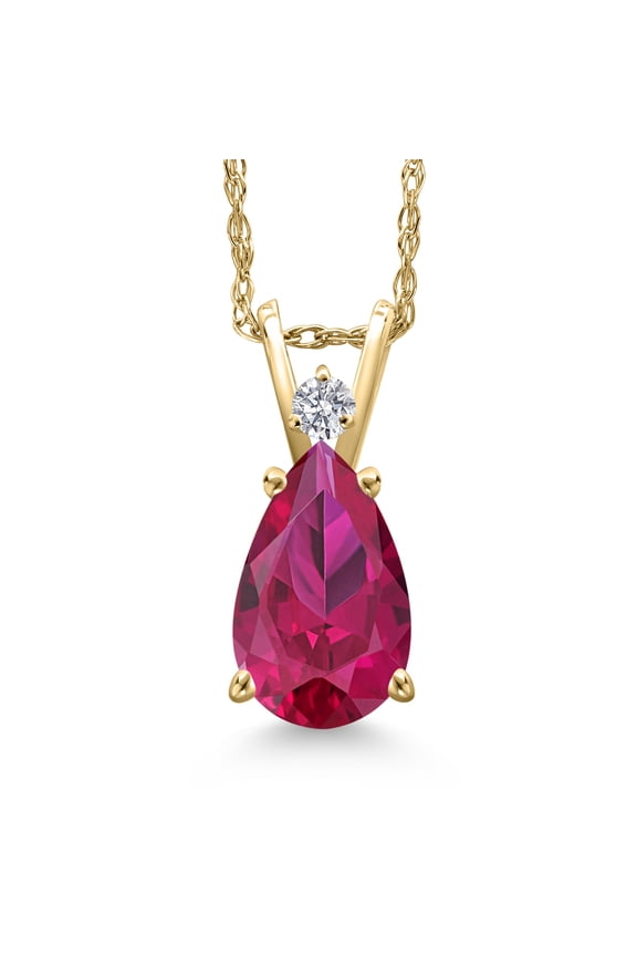 14K Yellow Gold Red Created Ruby and Lab Grown Diamond Pendant Necklace for Women | 2.23 Cttw | Gemstone July Birthstone | Pear Shape 10X7MM | With 18 inch Chain