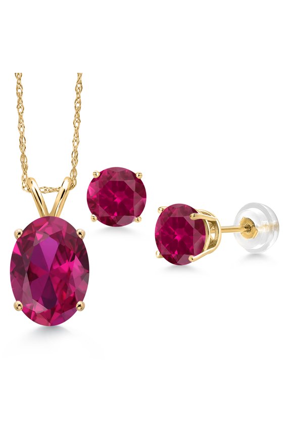 14K Yellow Gold Red Created Ruby Pendant Earrings Set for Women | 6.00 Cttw | Gemstone July Birthstone | Oval 11X9MM