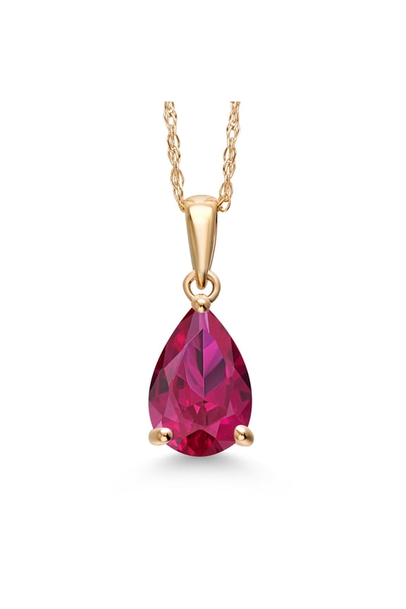 14K Yellow Gold Red Created Ruby Pendant Necklace for Women | 1.45 Cttw | Gemstone July Birthstone | Pear Shape 9X6MM | With 18 inch Chain